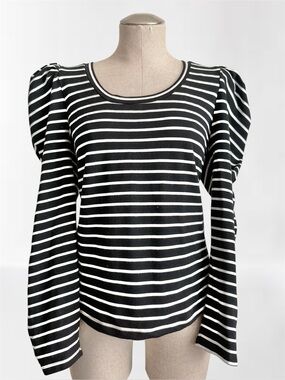 English Factory Black White Stripe Puff Sleeve Knit Top L